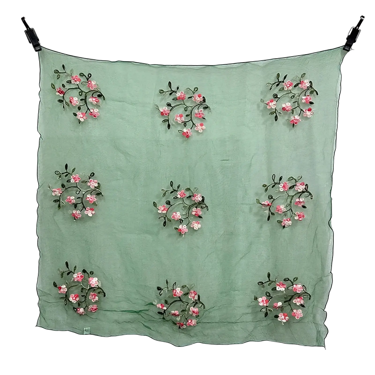 Floral lace hijab wrap shawl in mint green silk with nine clusters of pink and white embroidered flowers on dark vines