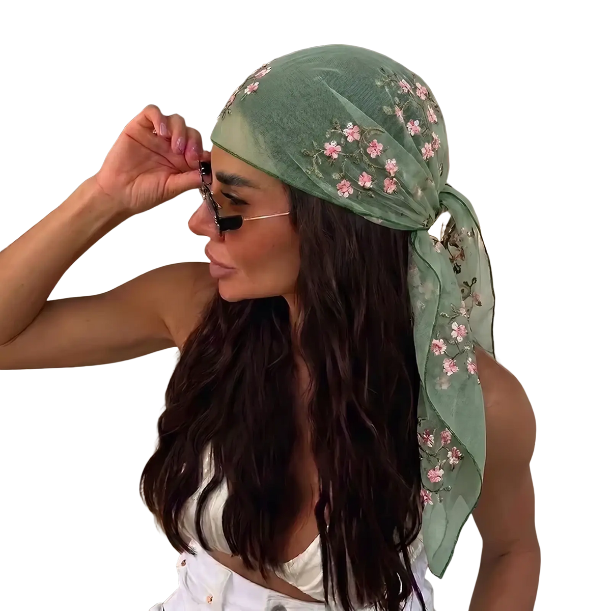 A delicate mint green silk floral lace hijab wrap shawl with intricate pink floral embroidery