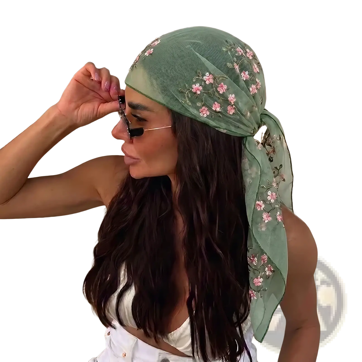 A delicate mint green silk floral lace hijab wrap shawl with intricate pink floral embroidery