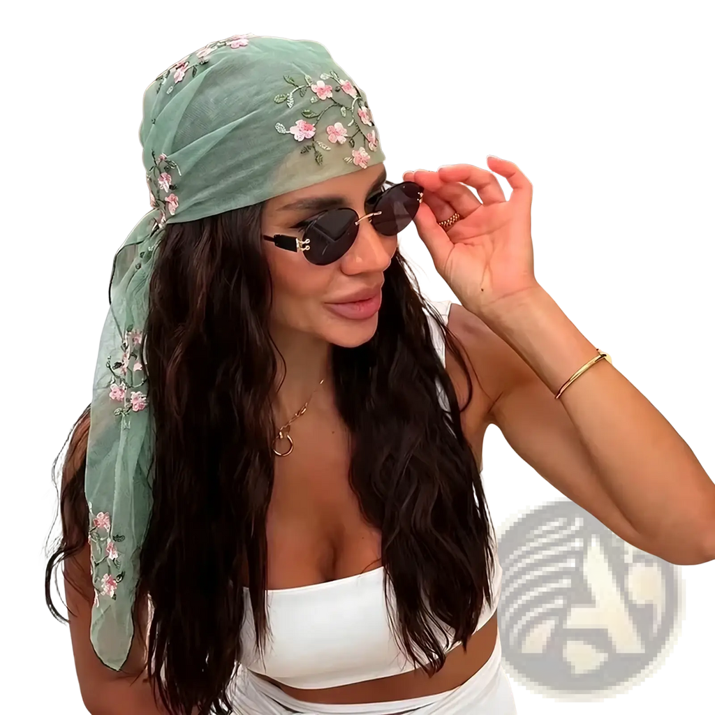 Floral lace hijab wrap shawl featuring a delicate mint green headscarf with pink floral embroidery