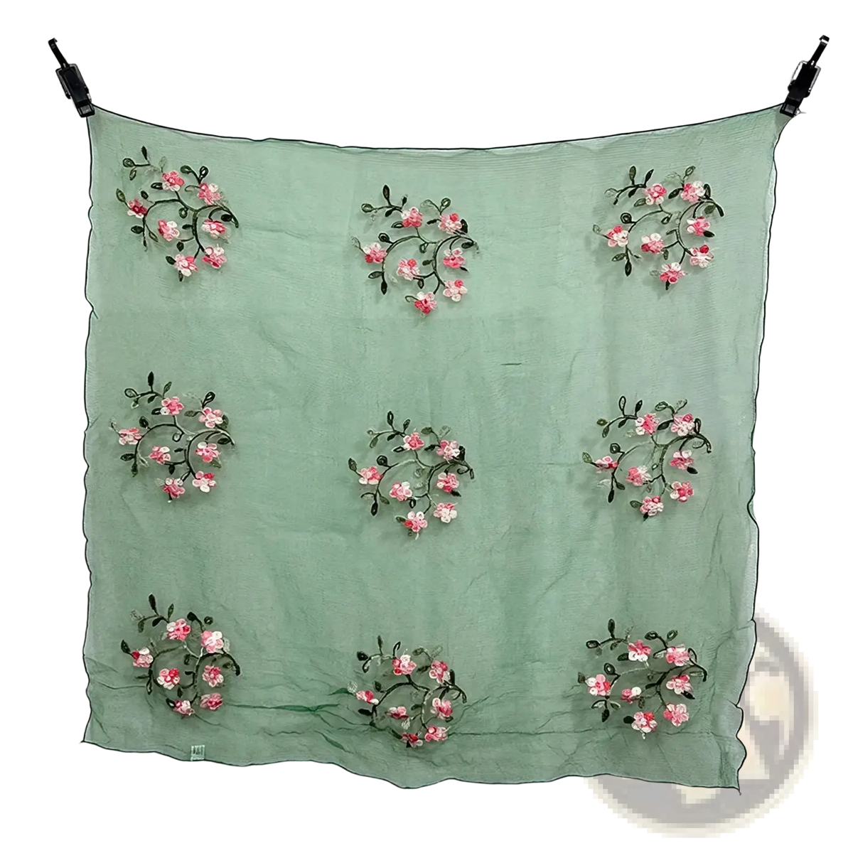 Floral lace hijab wrap shawl in mint green silk with nine clusters of pink and white embroidered flowers on dark vines