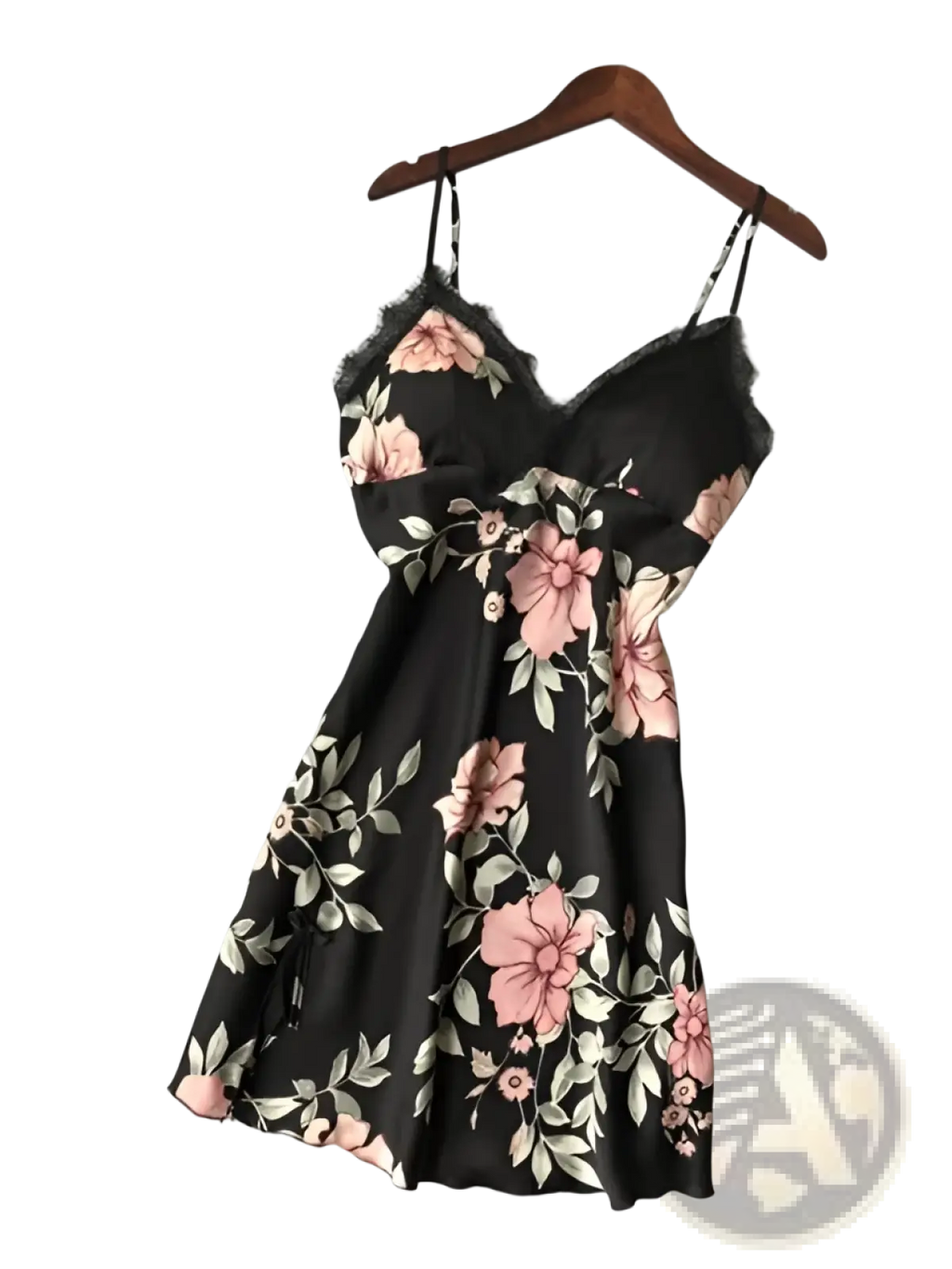 Black floral satin nightgown with delicate lace trim and thin spaghetti straps for silk sleepwear slip dress