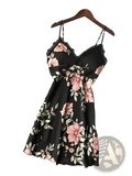 Black floral satin nightgown with delicate lace trim and thin spaghetti straps for silk sleepwear slip dress