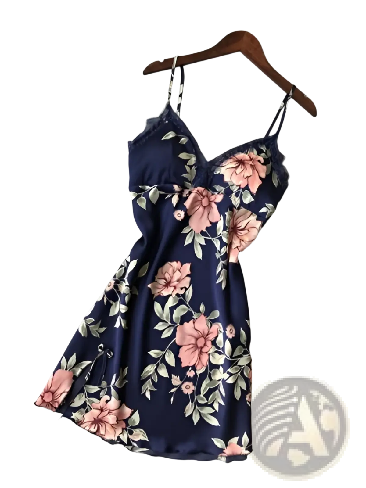 A navy blue floral lace satin nightgown slip dress with pink and white blossoms and thin spaghetti straps