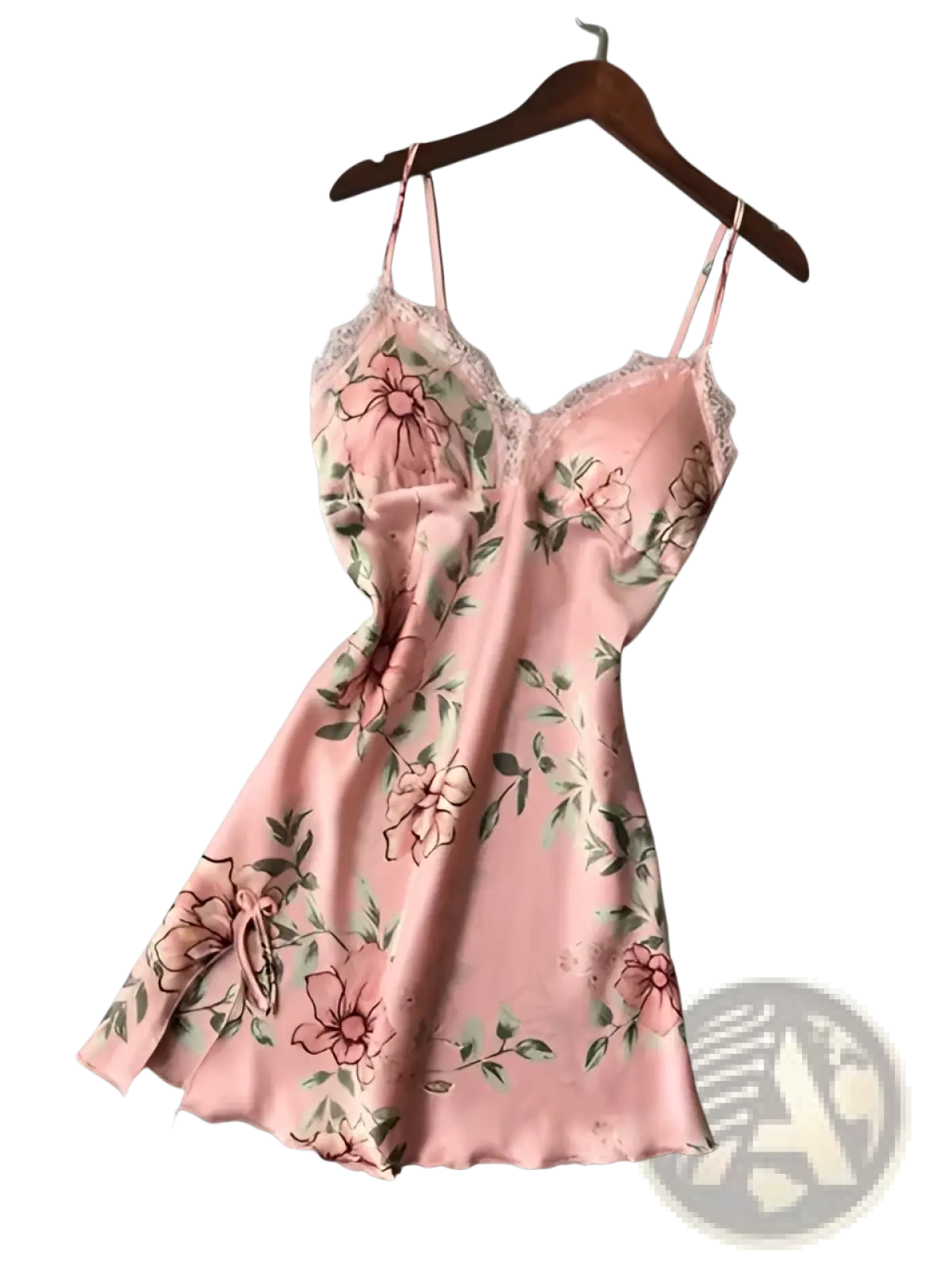 A delicate pink satin slip dress with floral pattern and lace trim along the neckline for elegant sleepwear