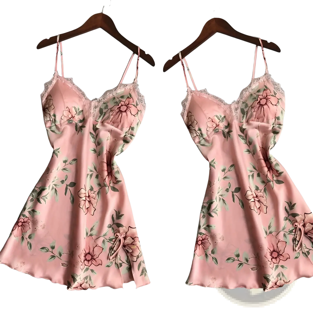 Pink floral satin nightgown with lace trim and thin spaghetti straps ideal for silk sleepwear and slip dress use
