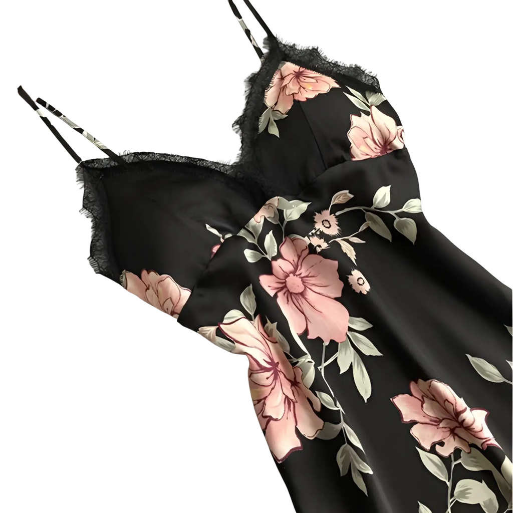 Black satin slip dress with pink floral print and lace trim for elegant silk sleepwear and nightwear use