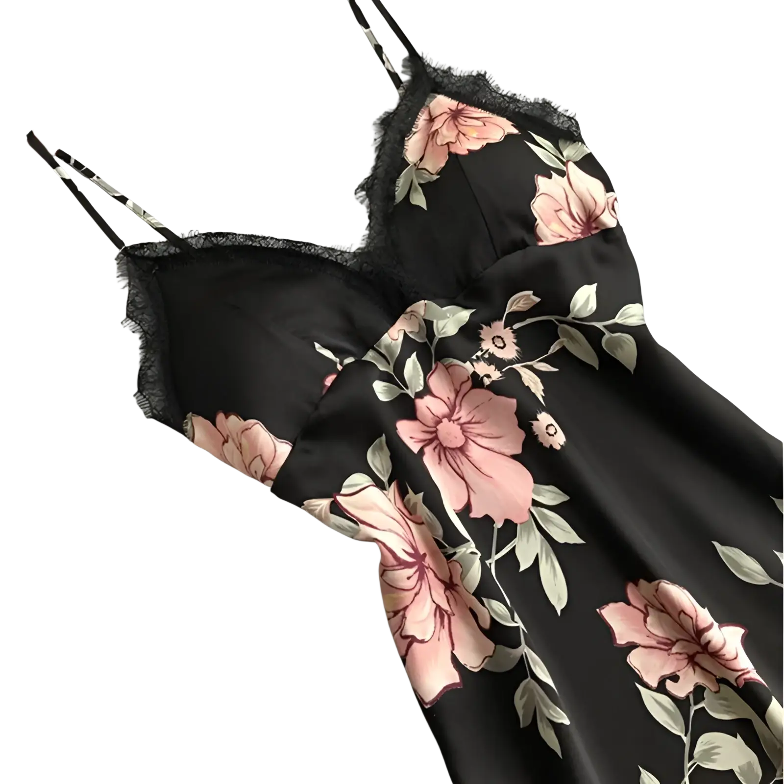 Black satin slip dress with pink floral print and lace trim for elegant silk sleepwear and nightwear use