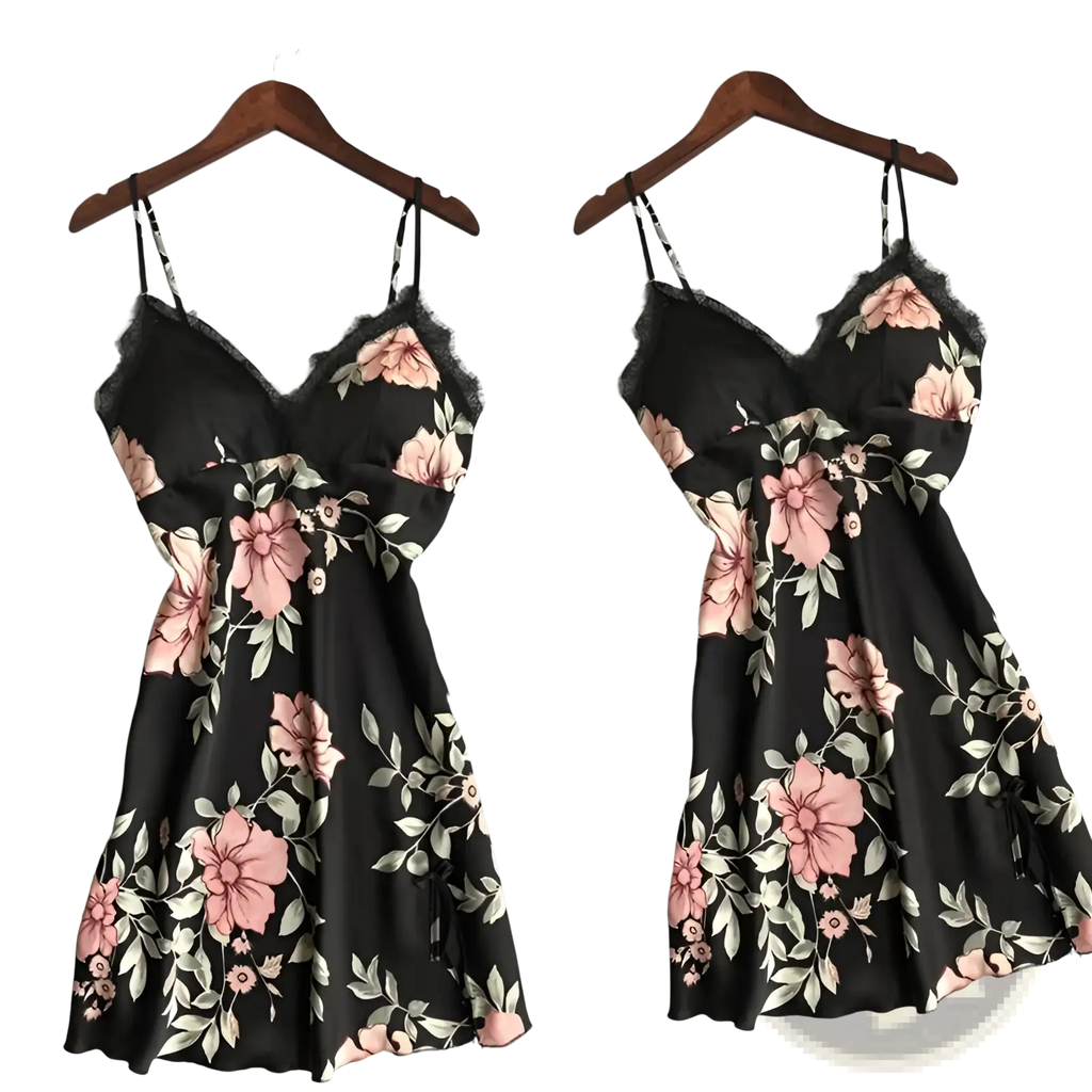 Black satin slip dress with pink and white floral print and lace trim for elegant silk sleepwear nightwear