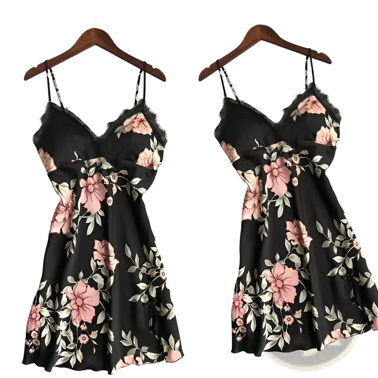 Black satin slip dress with pink and white floral print and lace trim for elegant silk sleepwear nightwear