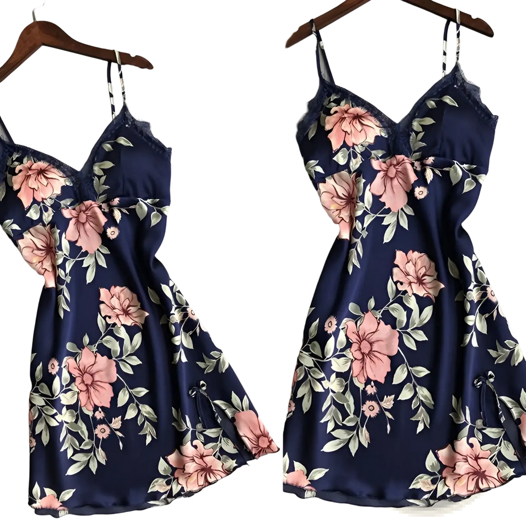 A navy blue satin floral lace nightgown with pink and white patterns and thin spaghetti straps for sleepwear
