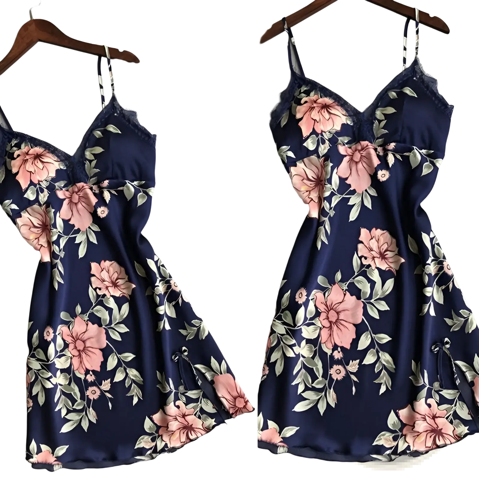 A navy blue satin floral lace nightgown with pink and white patterns and thin spaghetti straps for sleepwear
