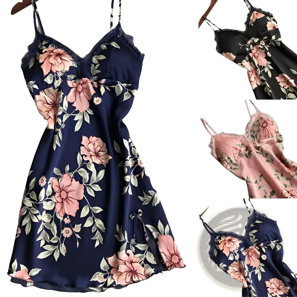 Navy blue satin slip dress with pink floral green leaf pattern and lace trim along neckline and straps for sleepwear