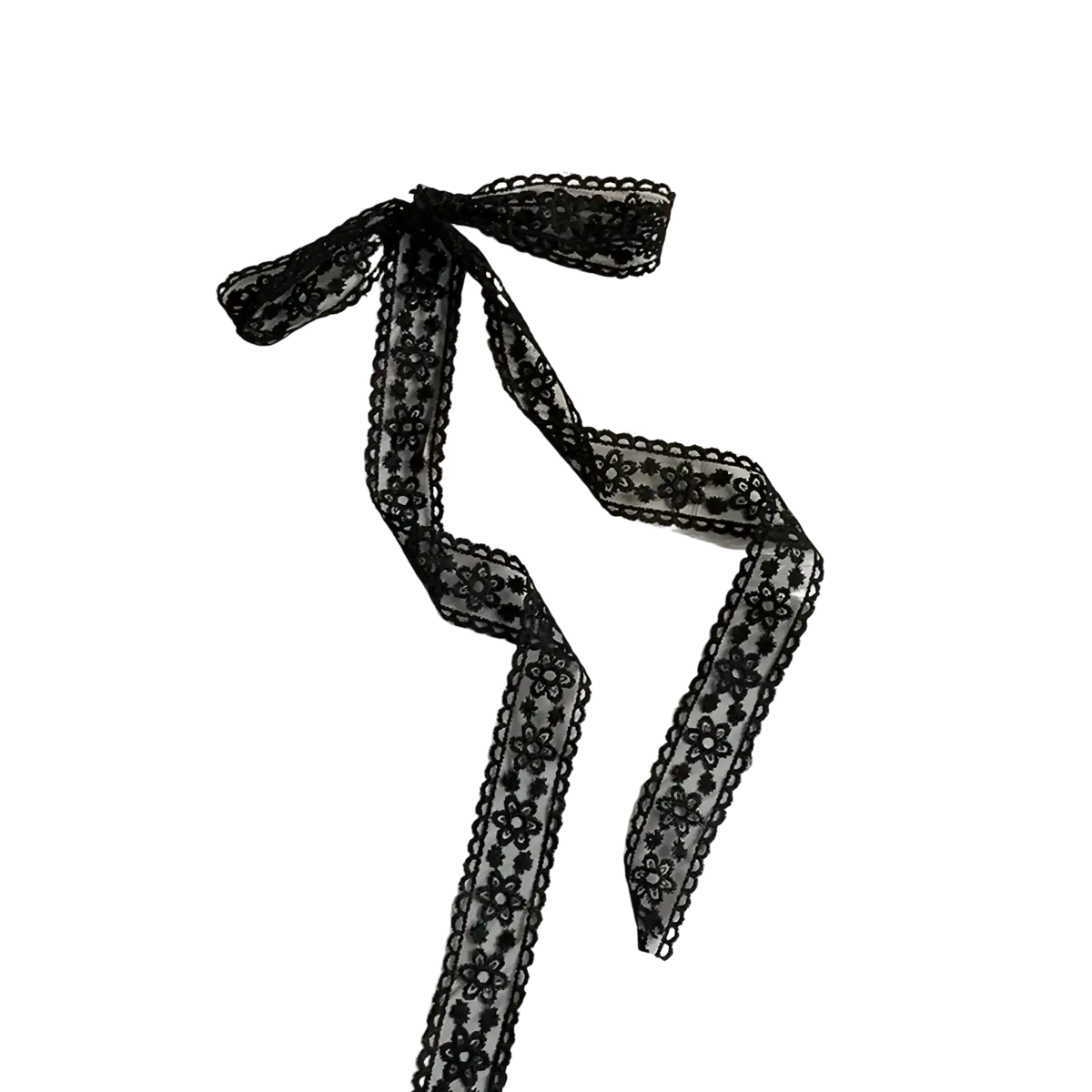 Black floral lace ribbon tied into a bow for a floral lace scarf hair bow ribbon wrap accessory