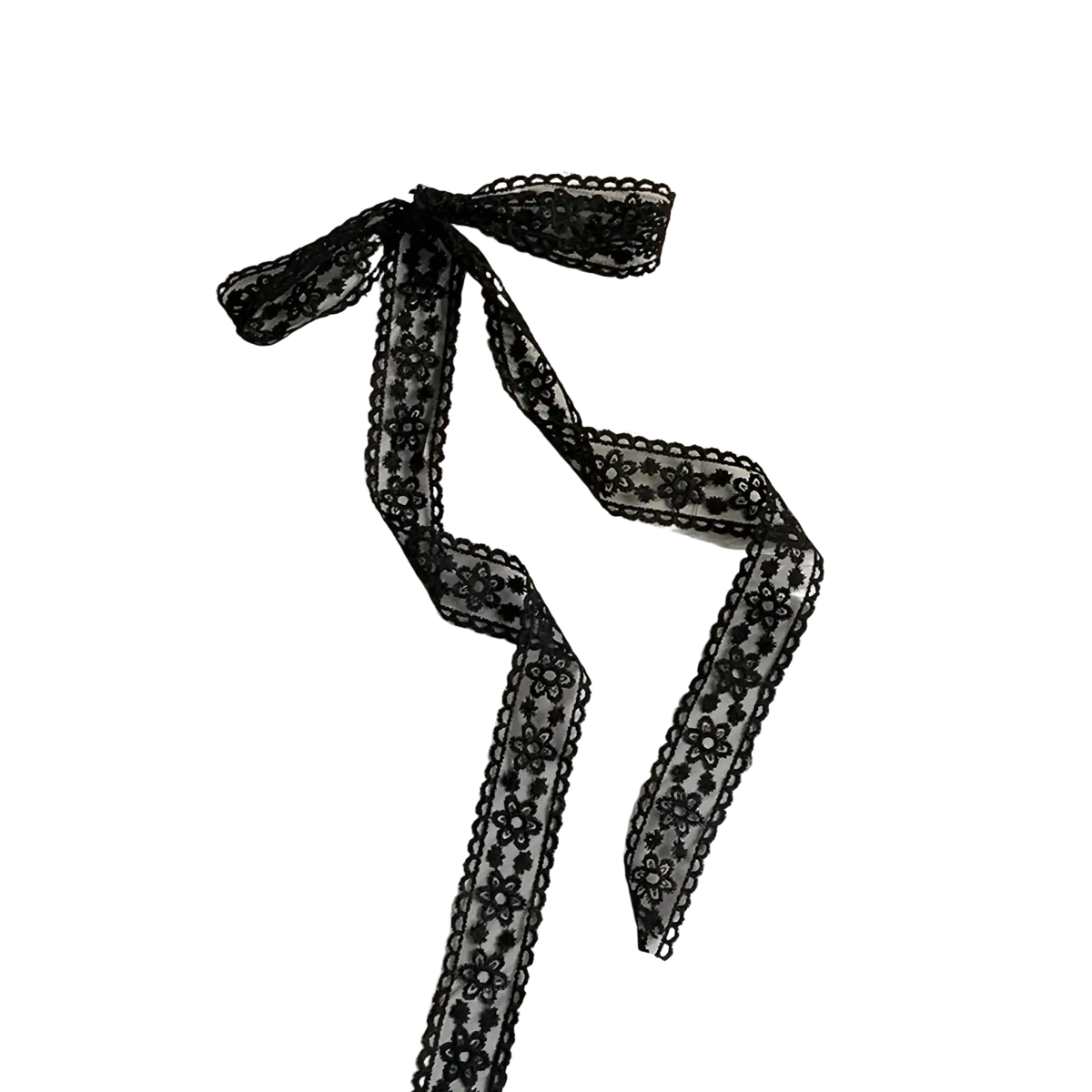 Black floral lace ribbon with a tied bow used as a scarf hair bow ribbon wrap accessory