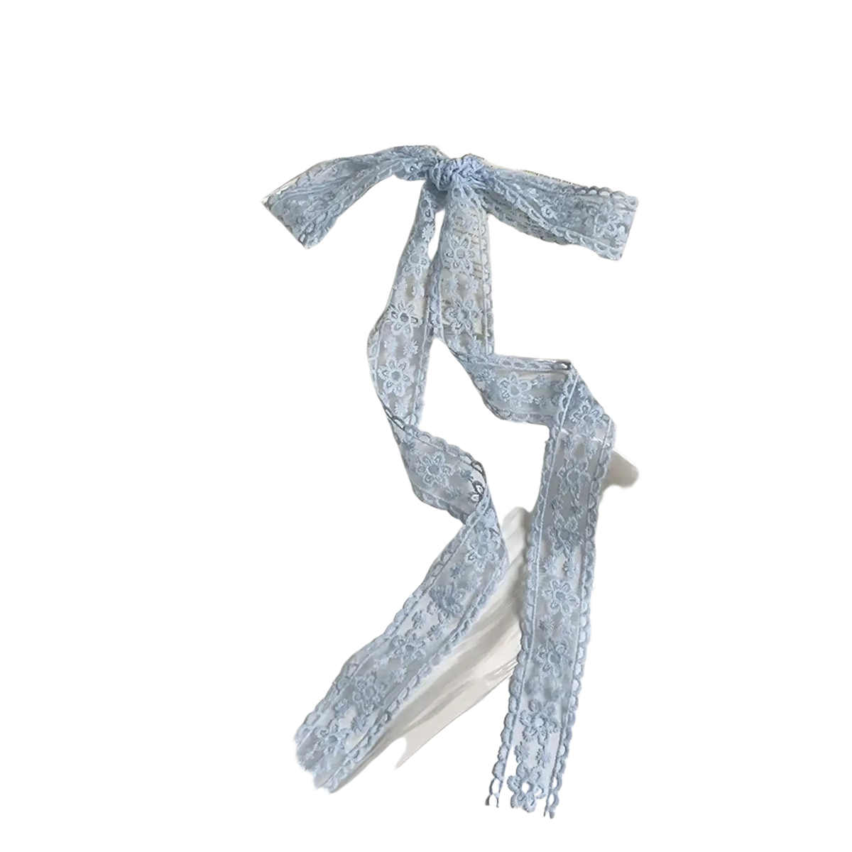 A delicate light blue floral lace scarf hair bow ribbon wrap tied into a bow showcasing intricate pattern