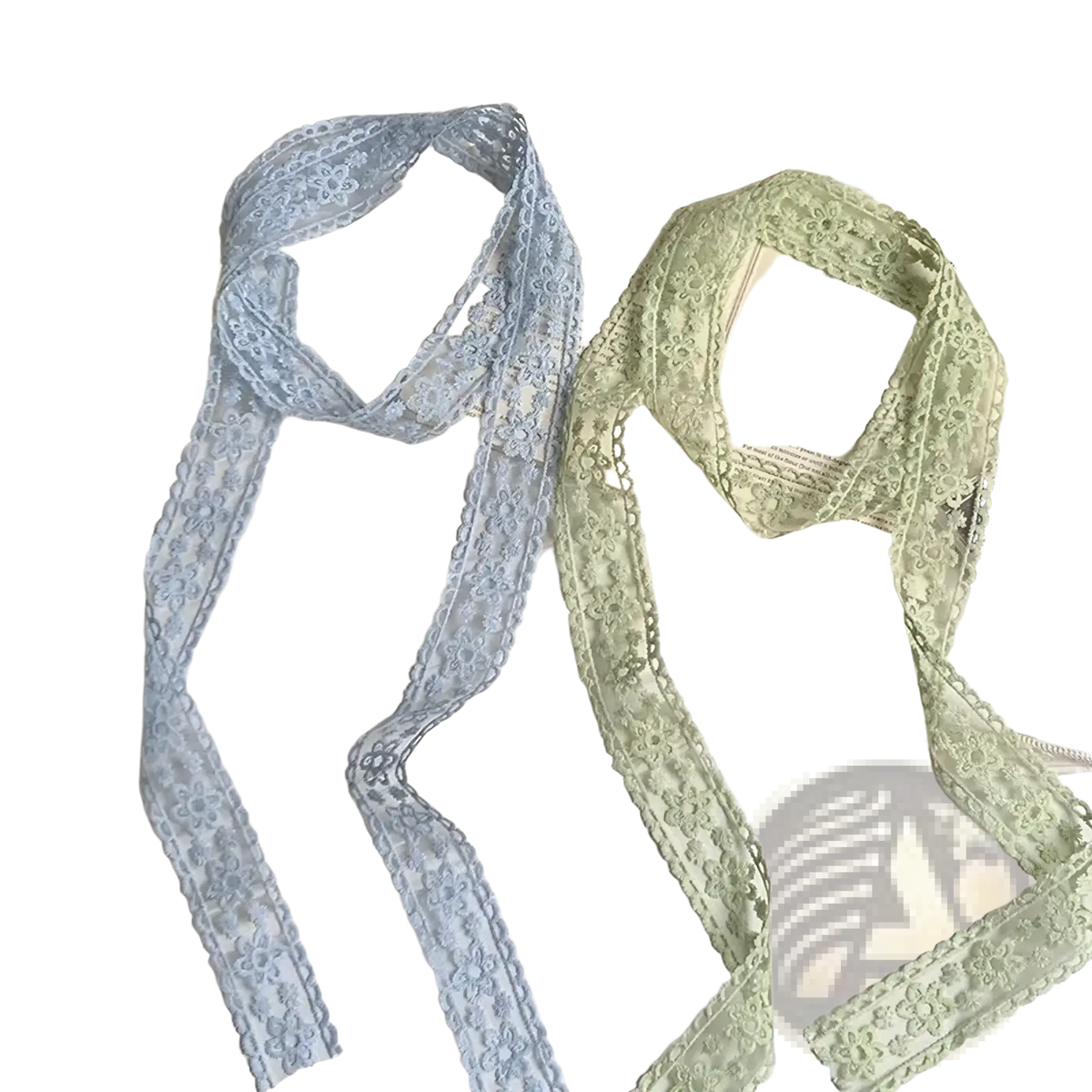 Floral lace scarf hair bow ribbon wrap featuring a delicate pastel blue and mint green floral-patterned lace neck scarf