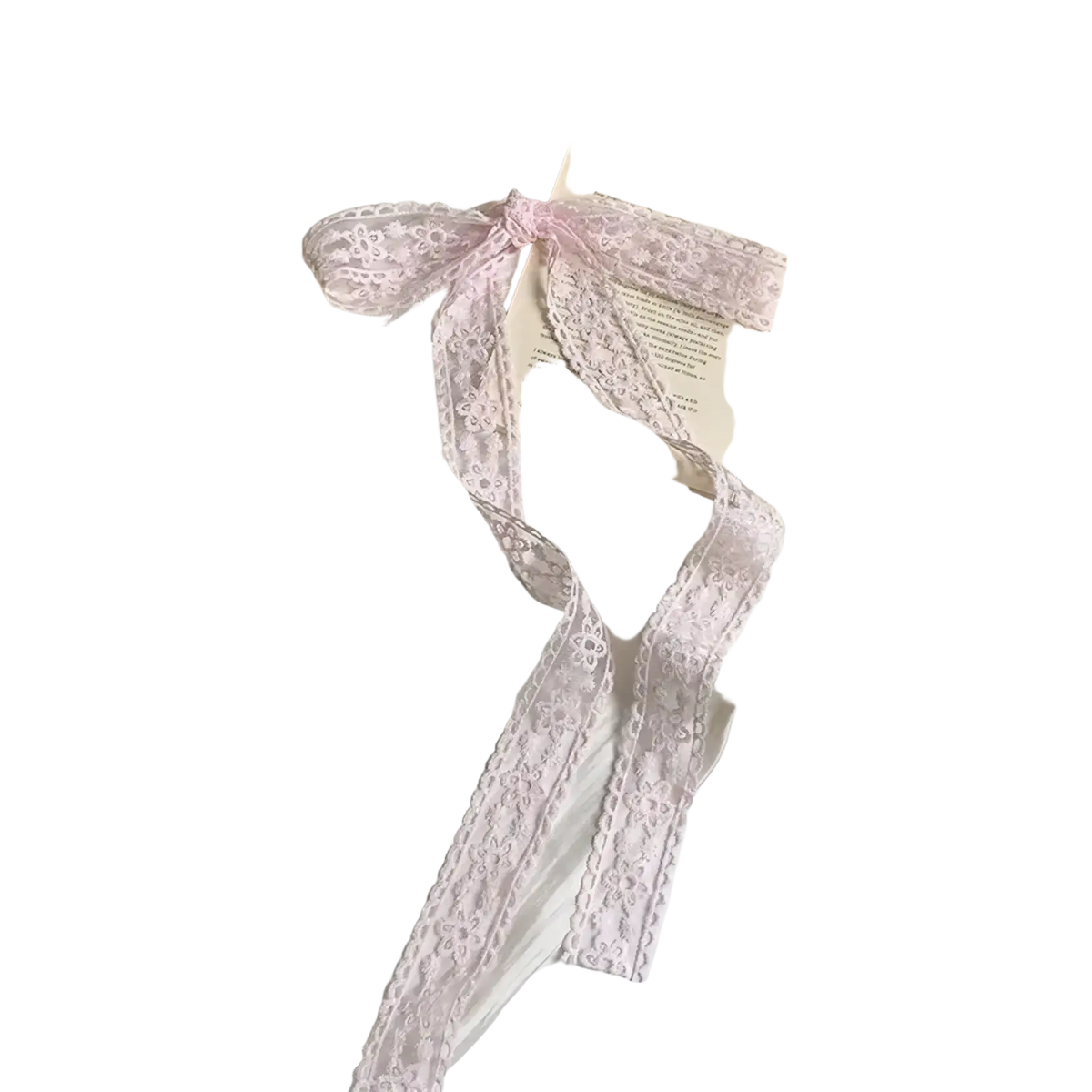 Floral lace scarf hair bow ribbon wrap with delicate pink lace and floral pattern tied into an elegant bow