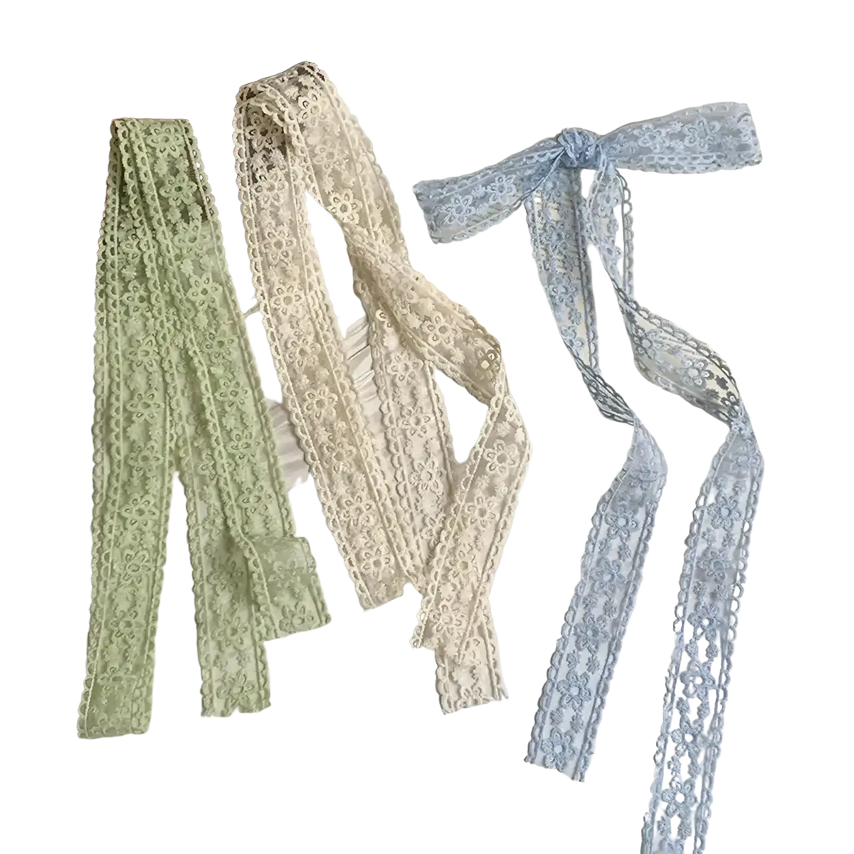 Three delicate floral lace scarf ribbons in mint cream and light blue hues ideal for hair bow wraps