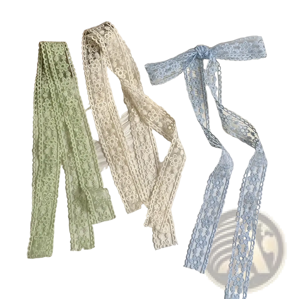 Three delicate floral lace scarf hair bow ribbons in soft mint cream and light blue hues with intricate patterns