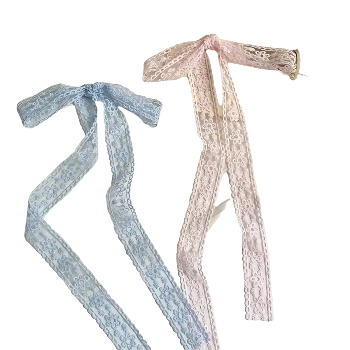 Two floral lace scarf hair bows in soft blue and pale pink with delicate floral embroidery on lace ribbon ties