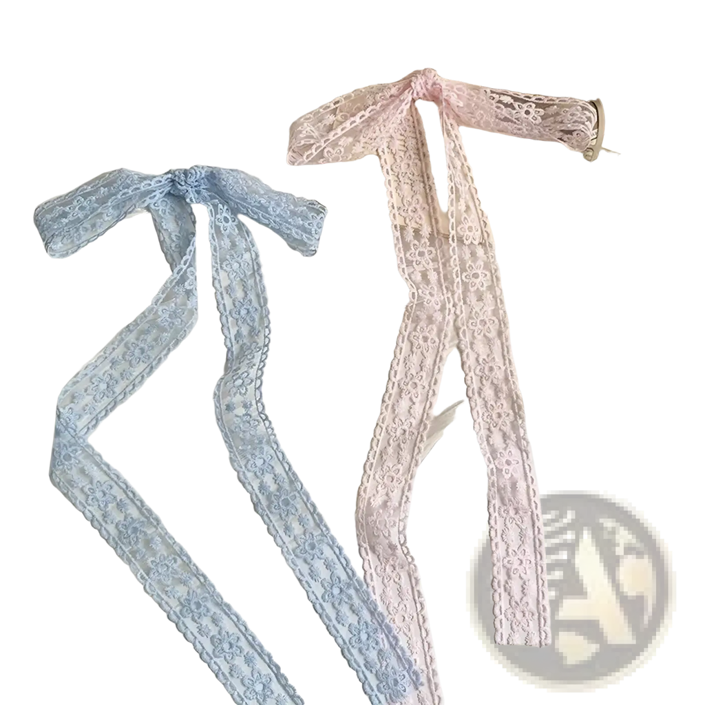 Floral lace scarf hair bow ribbon wrap with two delicate floral patterned lace ties in soft blue and pale pink