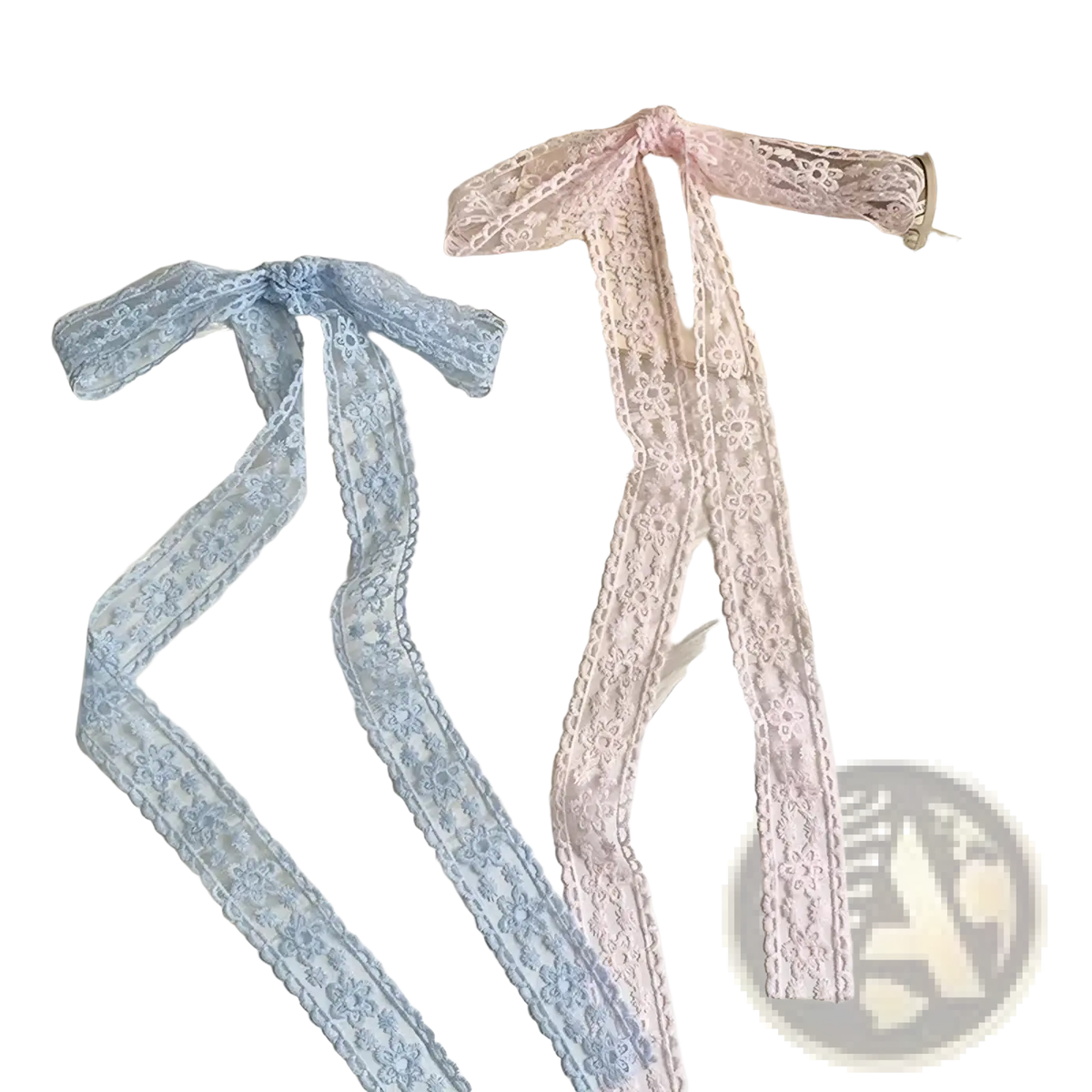Floral lace scarf hair bow ribbon wrap with two delicate floral patterned lace ties in soft blue and pale pink