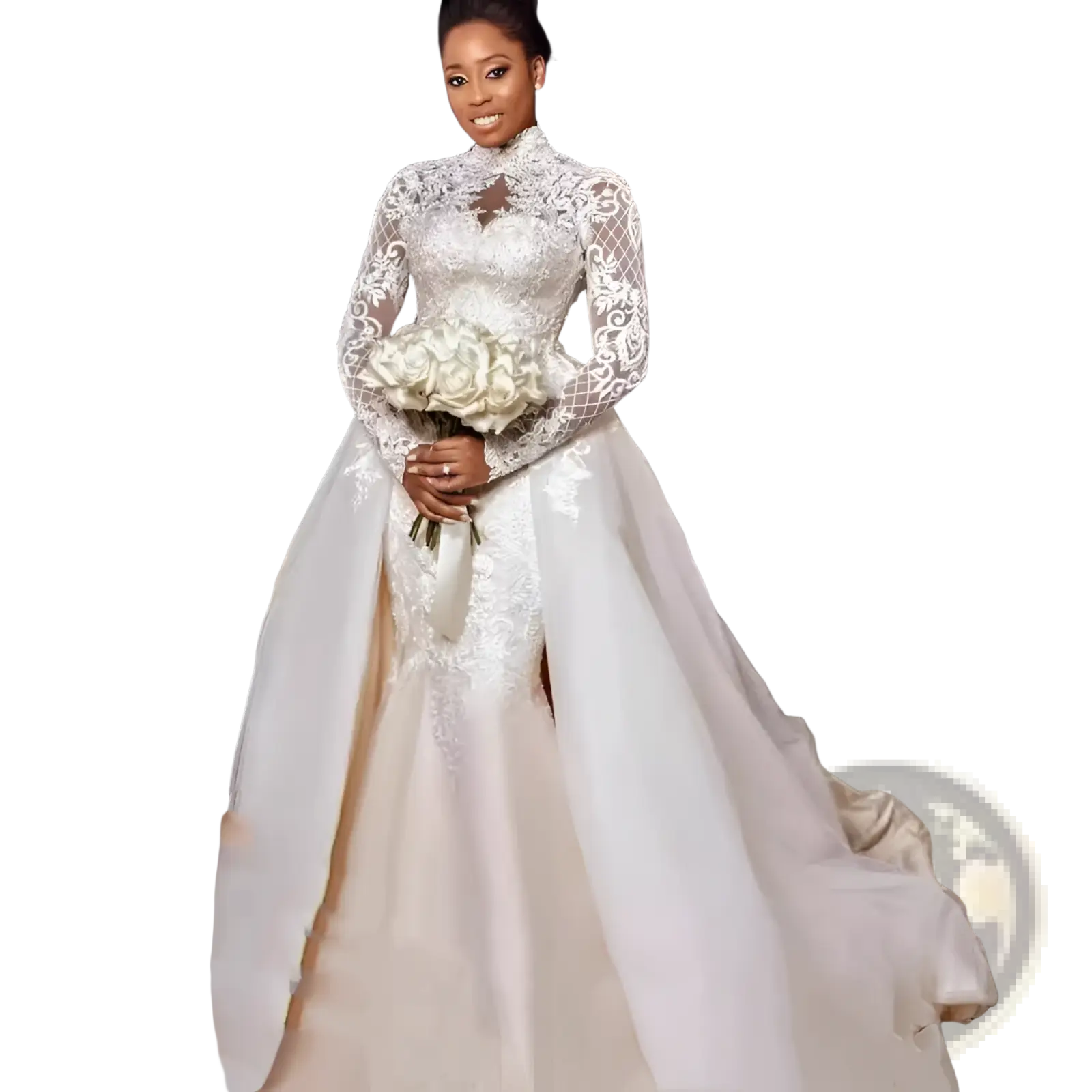 Elegant white floral lace wedding gown with stand collar long sleeves and intricate embroidery on bodice and skirt
