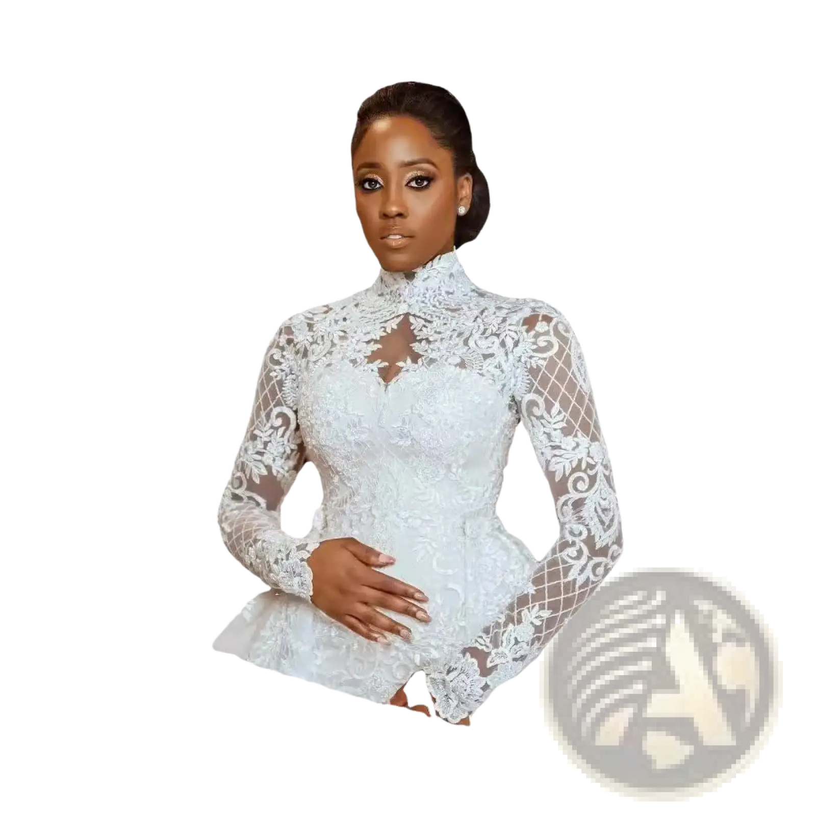 White lace long-sleeved wedding gown with intricate floral patterns and a high stand collar neckline
