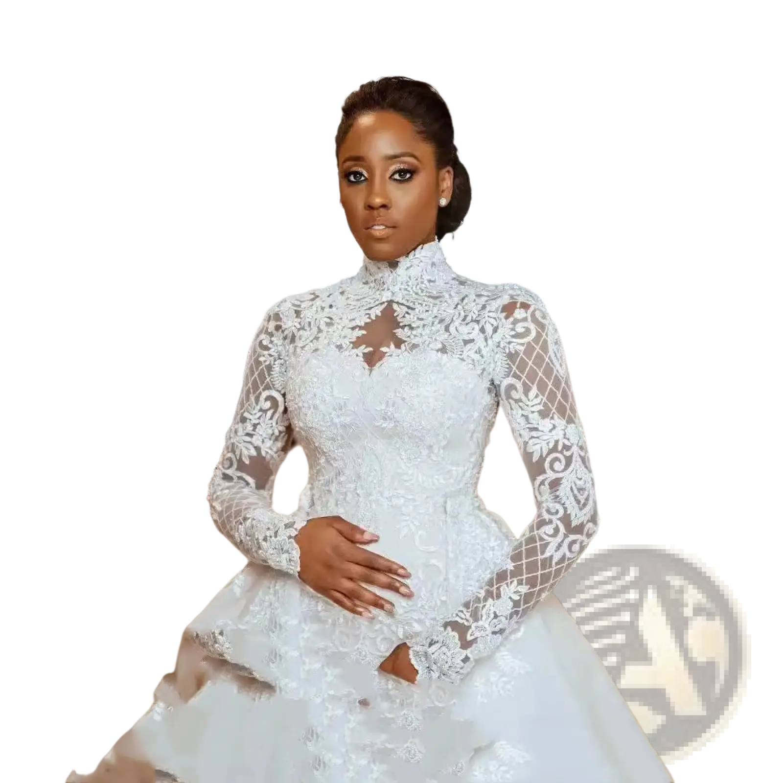 Elegant white floral lace stand collar long sleeve wedding gown with high neckline for formal bridal wear