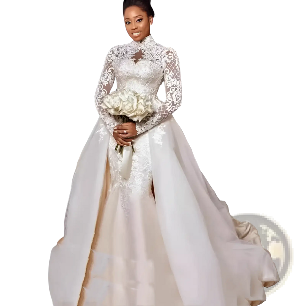 A woman wearing a white floral lace stand collar long sleeve wedding gown with intricate embroidery on bodice and skirt