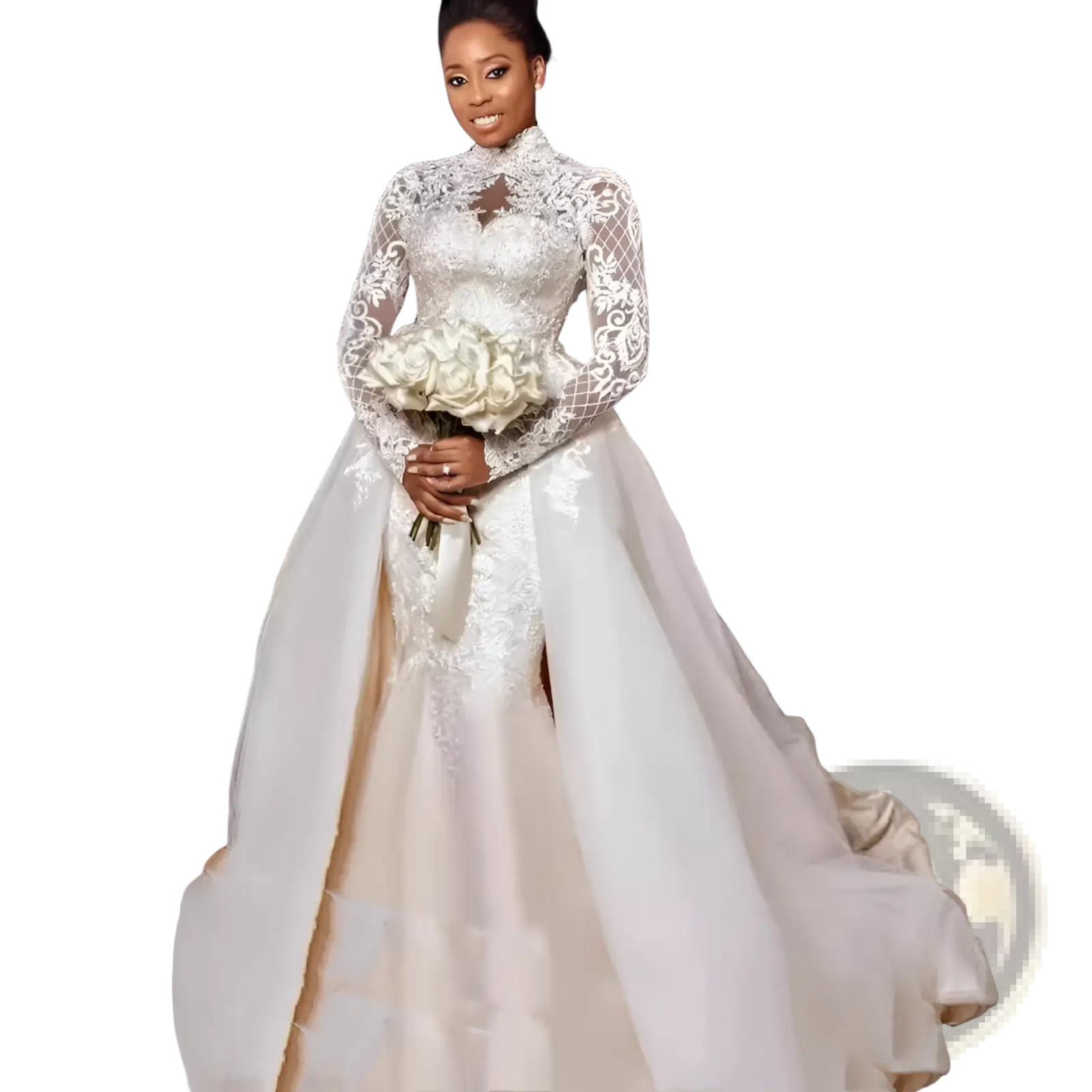 A woman wearing a white floral lace stand collar long sleeve wedding gown with intricate embroidery on bodice and skirt