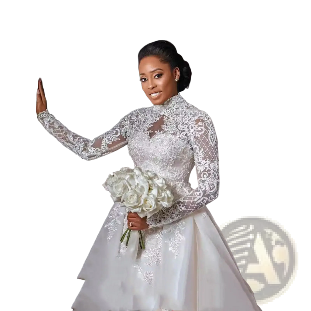 A white lace wedding gown with floral embroidery long sleeves and a stand collar high neckline design