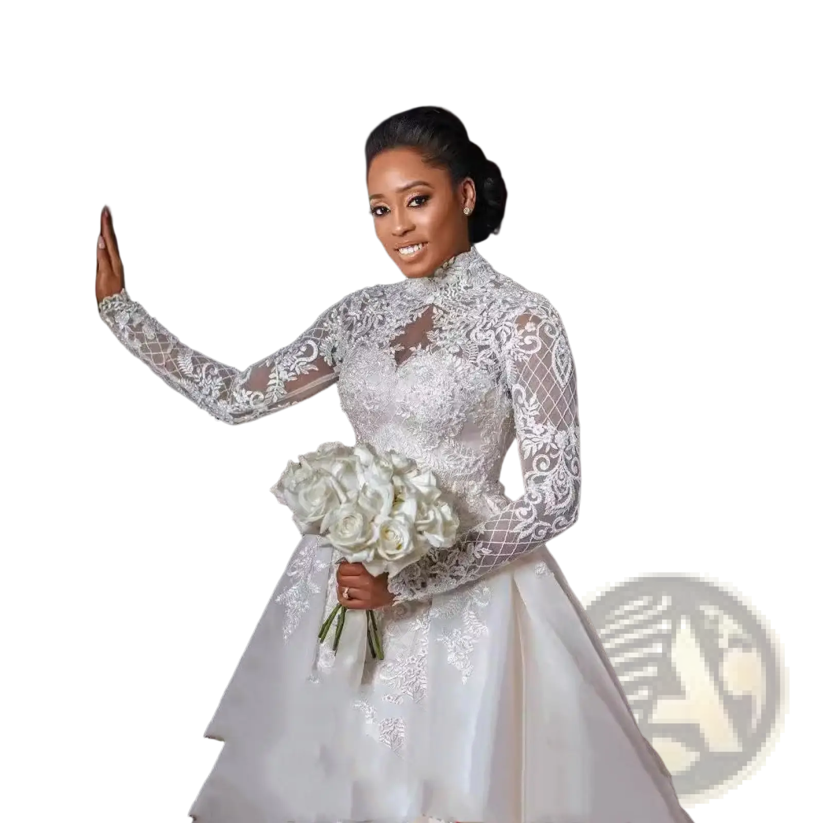A white lace wedding gown with floral embroidery long sleeves and a stand collar high neckline design