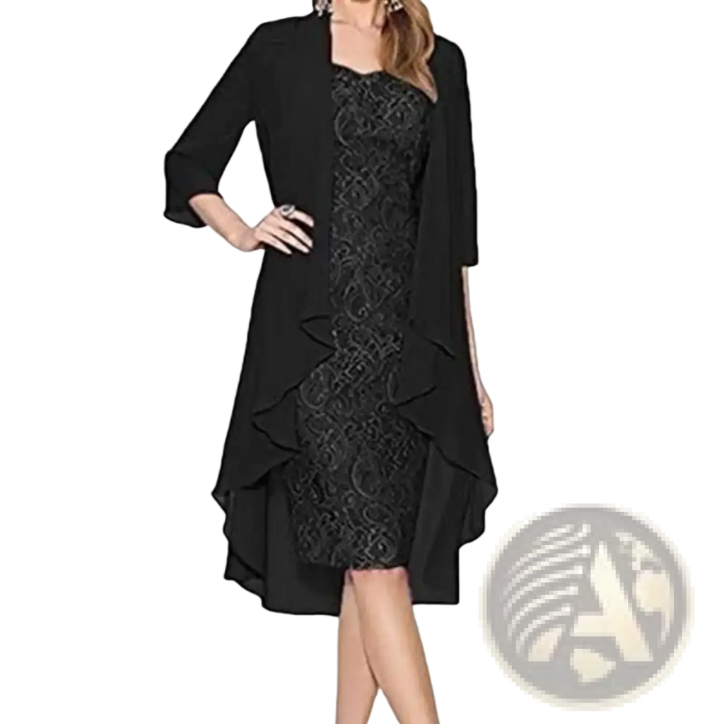 Black floral lace two piece dress set for women with high-low hemline and matching open cardigan