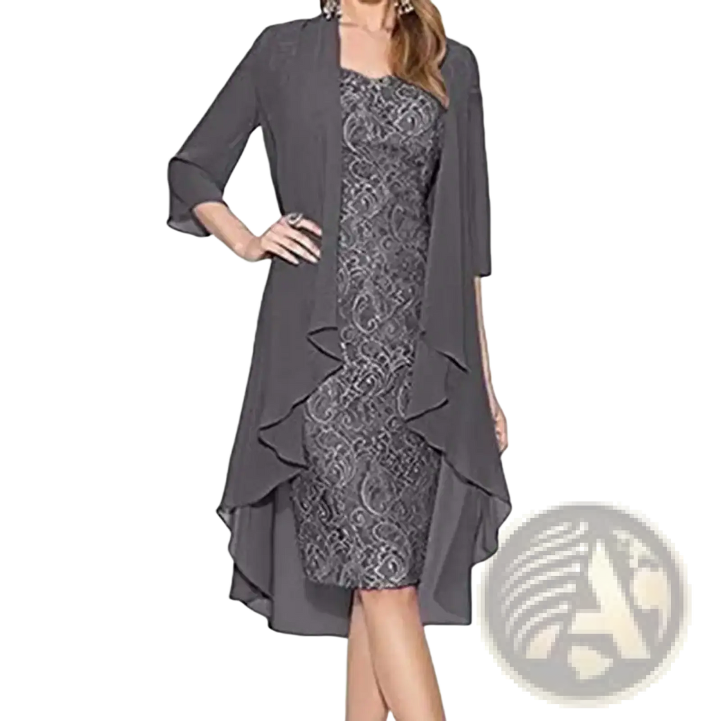 A sophisticated gray floral lace two piece dress set for women with high low hemline and sheer overlay jacket