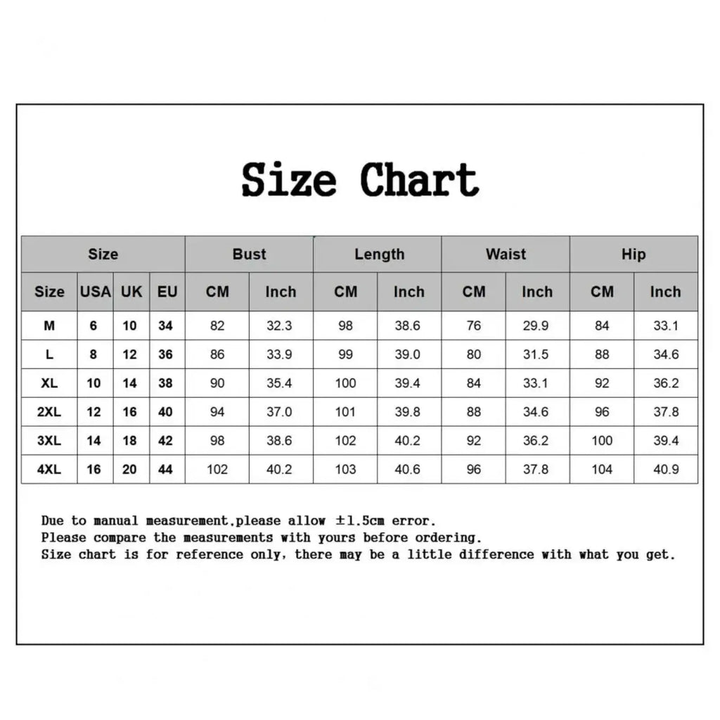 Size chart printed on white paper with black text showing measurements for floral lace two piece dress set sizes m to 4xl