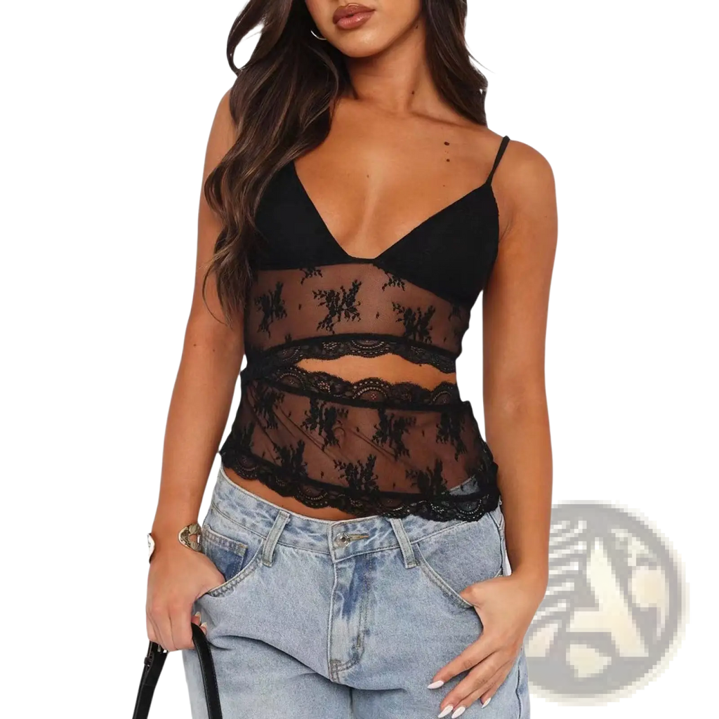 Black lace floral lace v neck backless bralette tank top with delicate floral patterns and thin spaghetti straps
