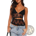 Black lace floral lace v neck backless bralette tank top with delicate floral patterns and thin spaghetti straps