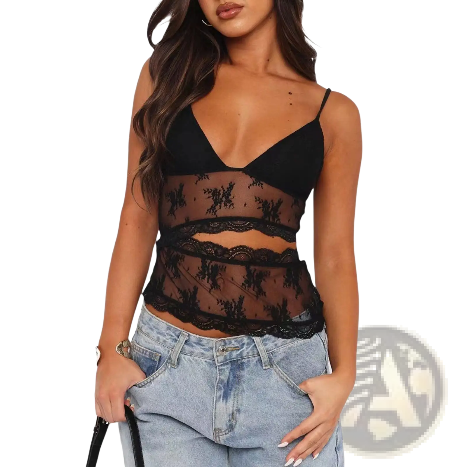 Black lace floral lace v neck backless bralette tank top with delicate floral patterns and thin spaghetti straps