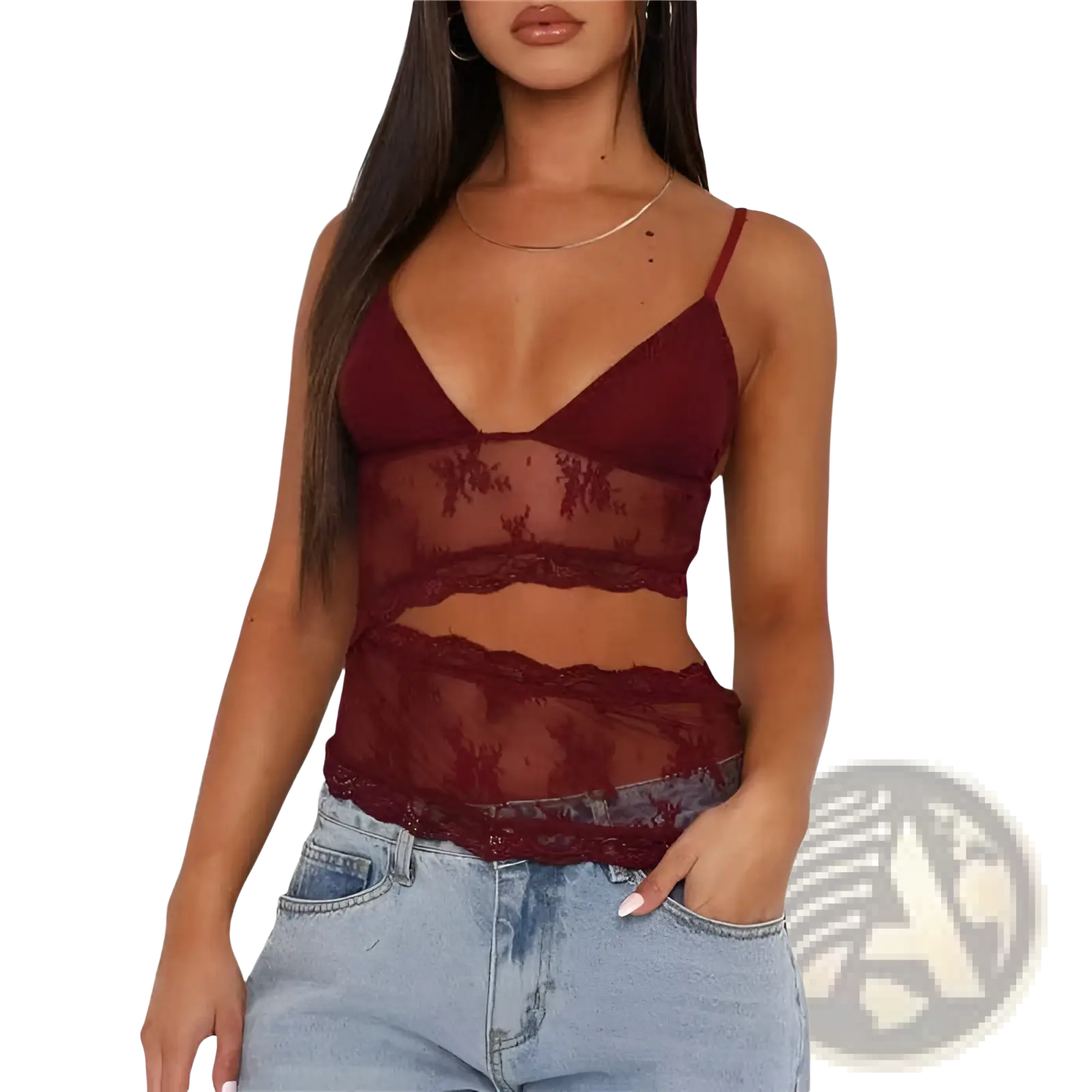 A maroon floral lace v neck backless bralette tank top with thin straps and intricate embroidery shown from the back side