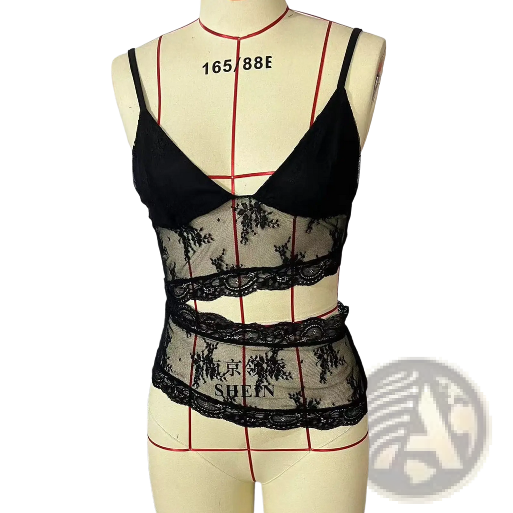 Black lace floral lace v neck backless bralette tank top with sheer mesh panels displayed on a mannequin