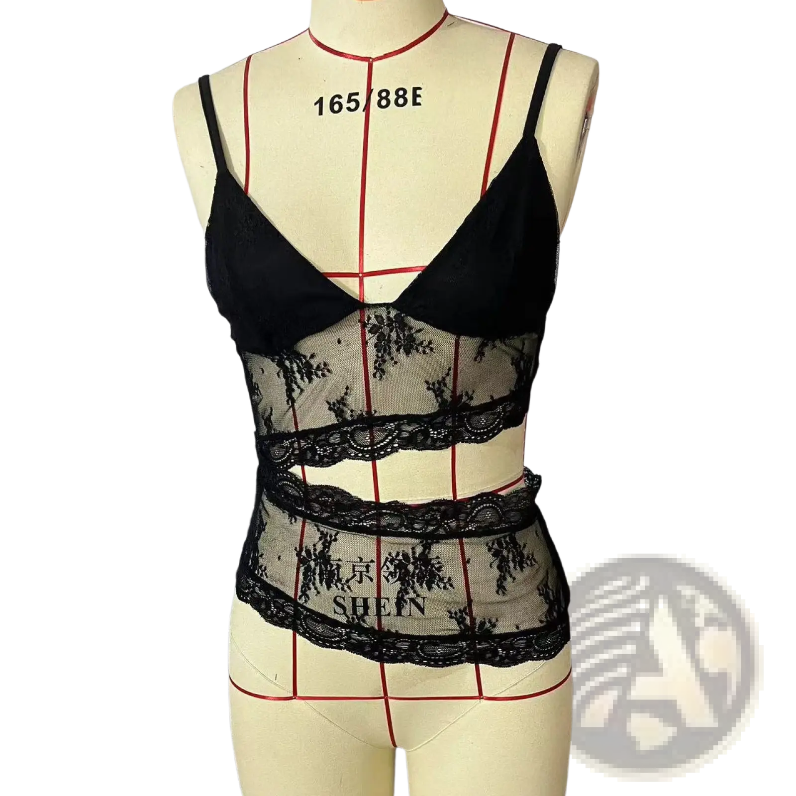 Black lace floral lace v neck backless bralette tank top with sheer mesh panels displayed on a mannequin