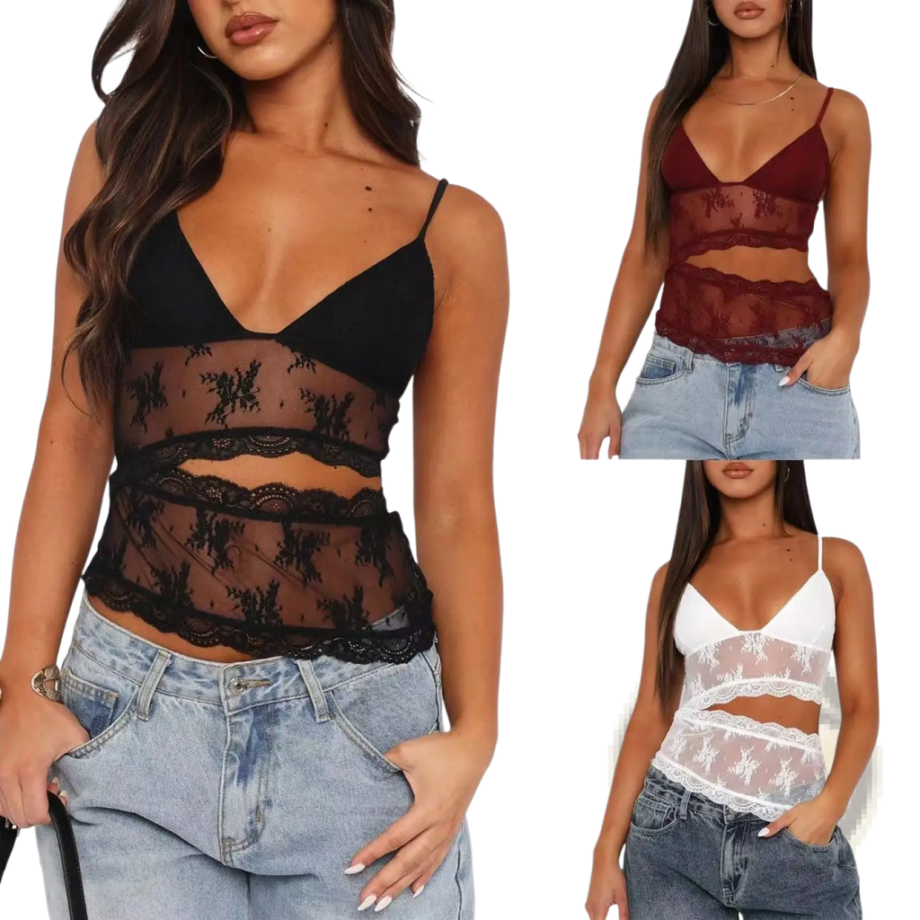 Black lace floral lace v neck backless bralette tank top with sheer panels and delicate embroidery shown from the back