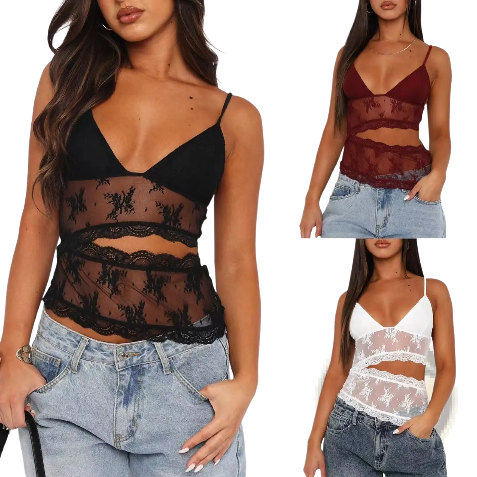 Black lace floral lace v neck backless bralette tank top with sheer panels and delicate embroidery shown from the back