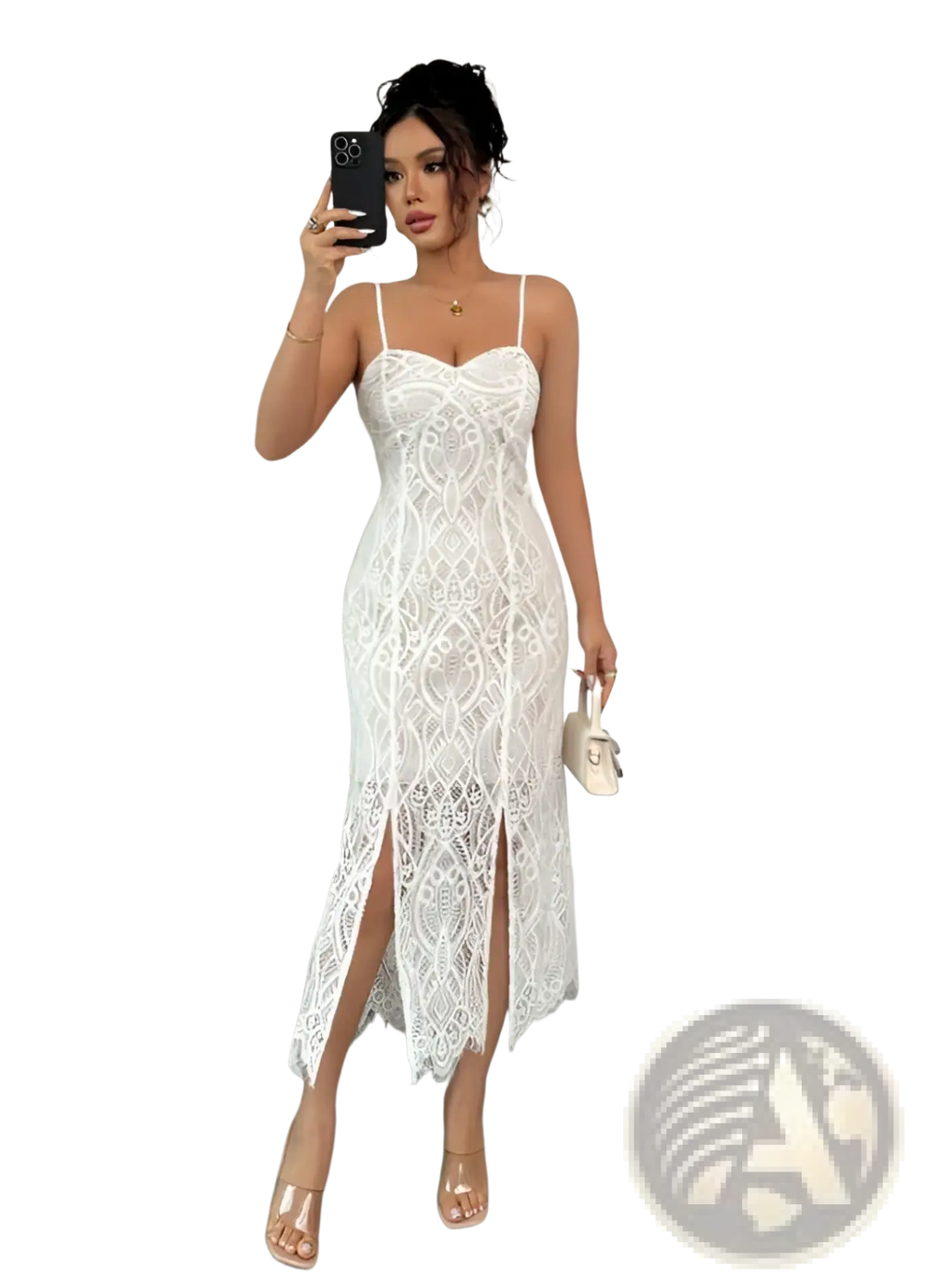 White lace midi dress with high side slit and delicate geometric floral pattern in elegant v neck design
