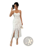White lace midi dress with high side slit and delicate geometric floral pattern in elegant v neck design
