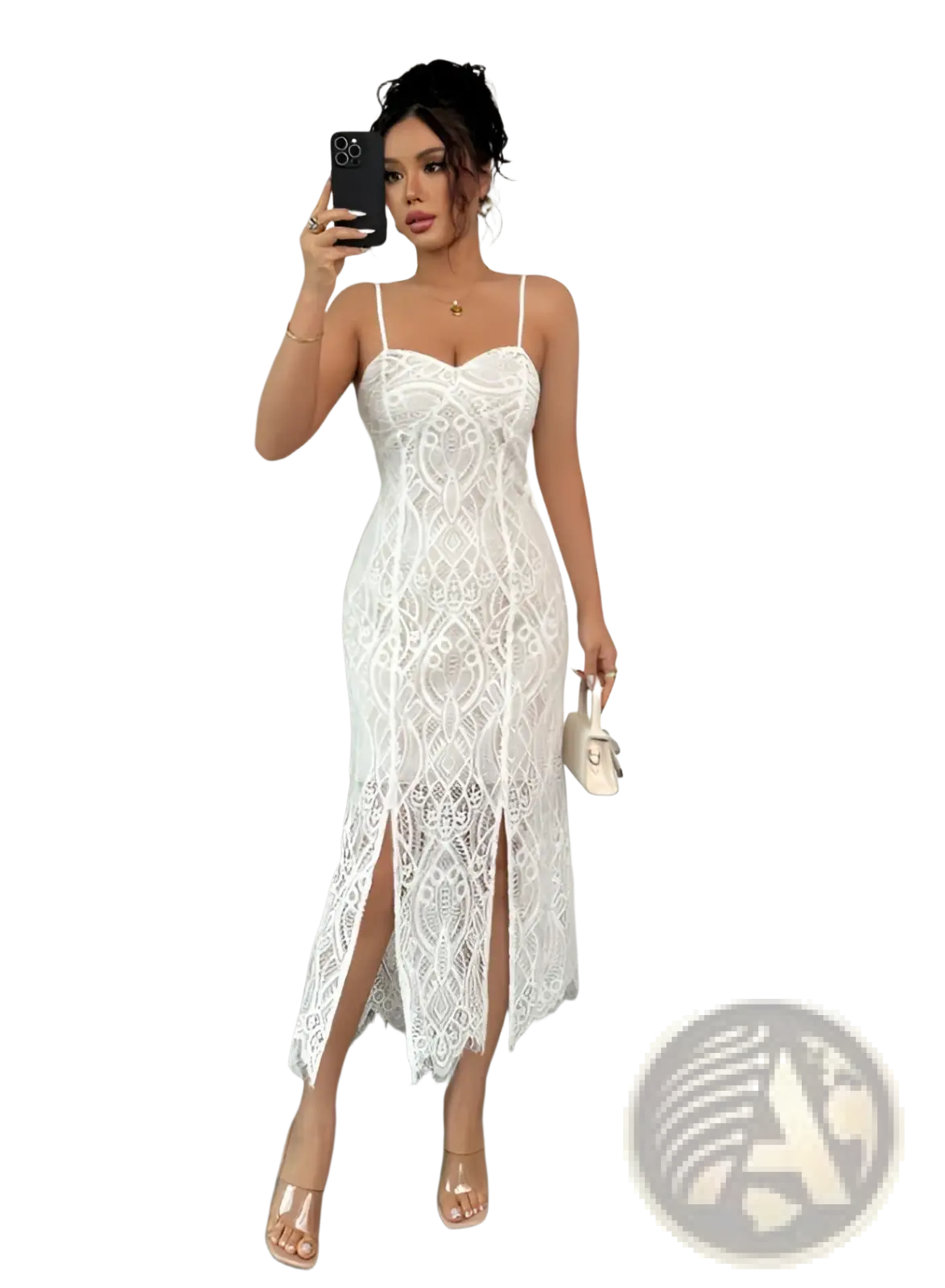White lace midi dress with high side slit and delicate geometric floral pattern in elegant v neck design