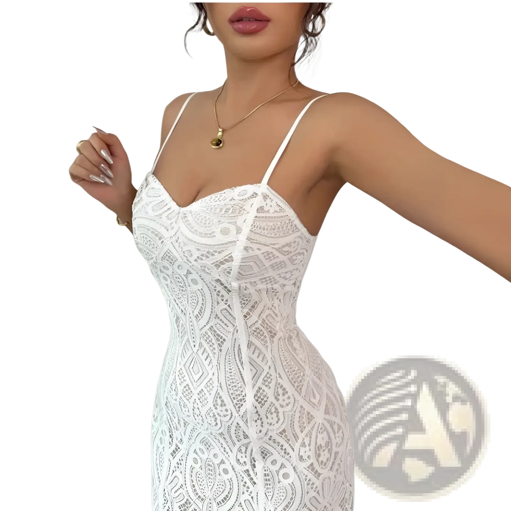 White lace spaghetti strap maxi dress with intricate floral patterns and side slit featuring a v neck design