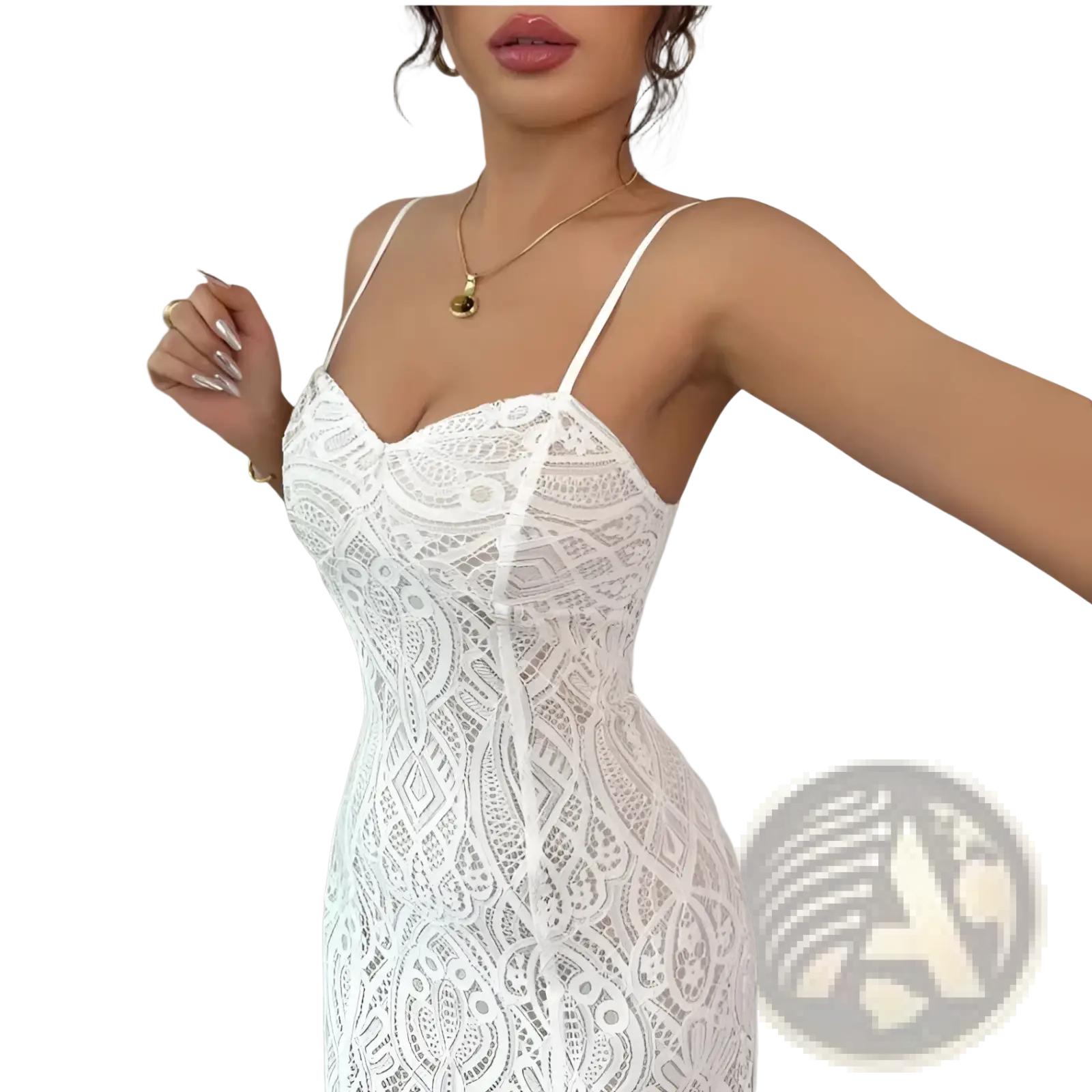White lace spaghetti strap maxi dress with intricate floral patterns and side slit featuring a v neck design
